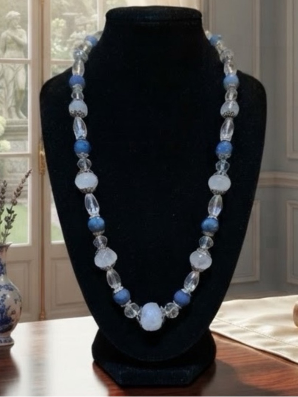 Handmade Blue and Crystal Quartz Beaded Necklace - Picture 3 of 4